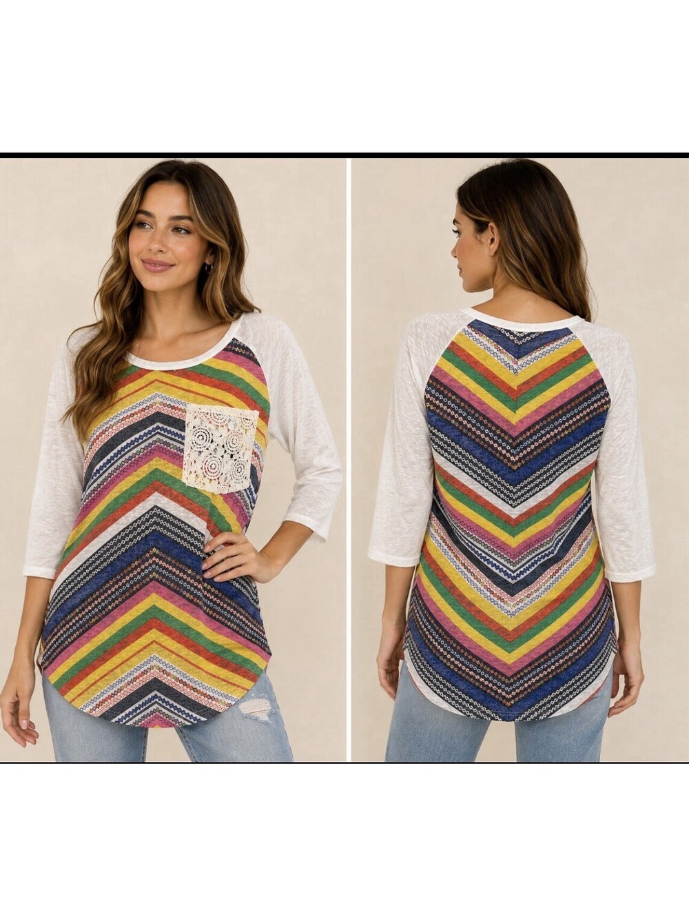 Flamingo Urban Women’s Small Multicolor Chevron Boho Tunic Top Crochet Pocket
